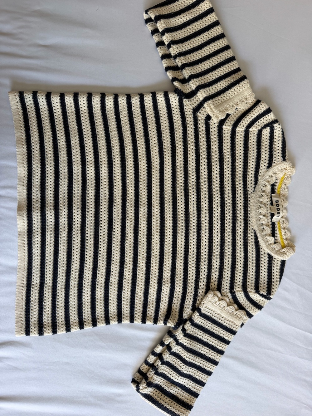 Boden 100% Cotton Scallop Neck Crochet Navy Cream Long Sleeve Knit Sweater - Picture 17 of 17